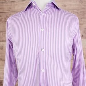 Bugatchi Uomo Shirt Mens 16.5 41 Pink Blue Stripe Button Front Dress Long Sleeve